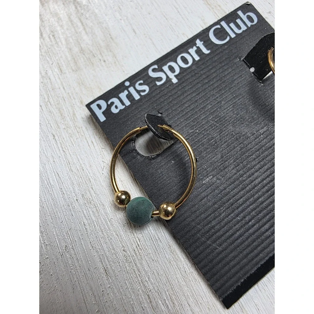Paris Sport Club Gold Tone Hoop Earrings Green Stone Bead Boho Western Classic